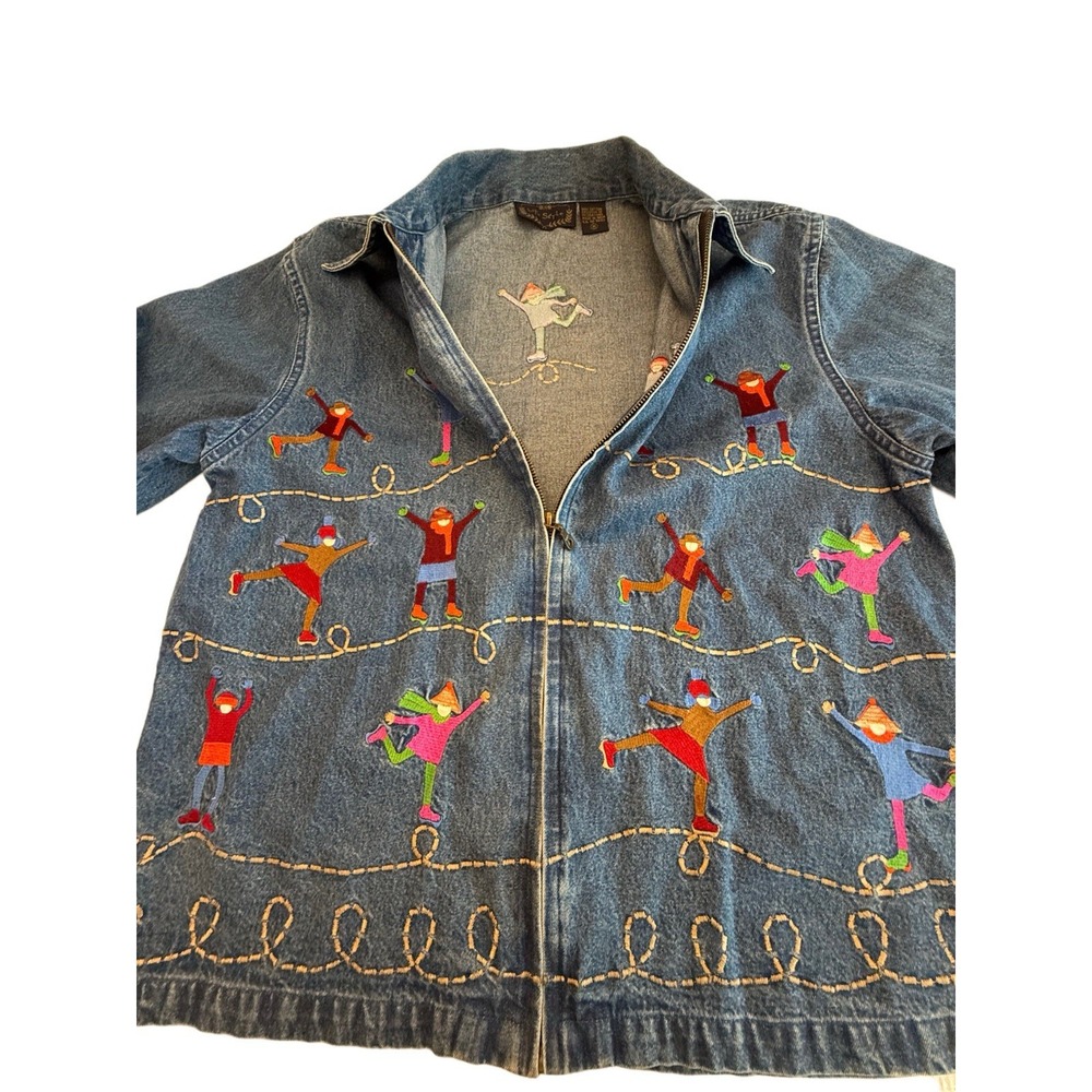 Embroidered Novelty Shacket Ice Skaters Denim Jacket  Winter whimsical Teacher M - Picture 2 of 9